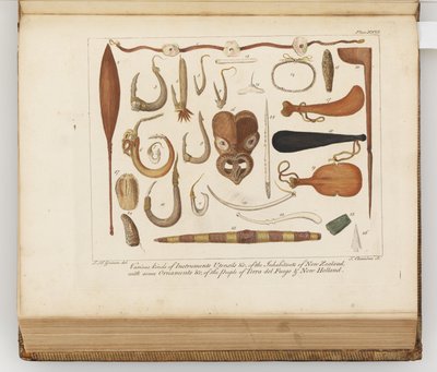 Varios tipos de instrumentos, utensilios, etc. de los habitantes de Nueva Zelanda, ilustración de Un diario de un viaje a los mares del sur: en el barco de Su Majestad, el Endeavour, 1794 de Sydney